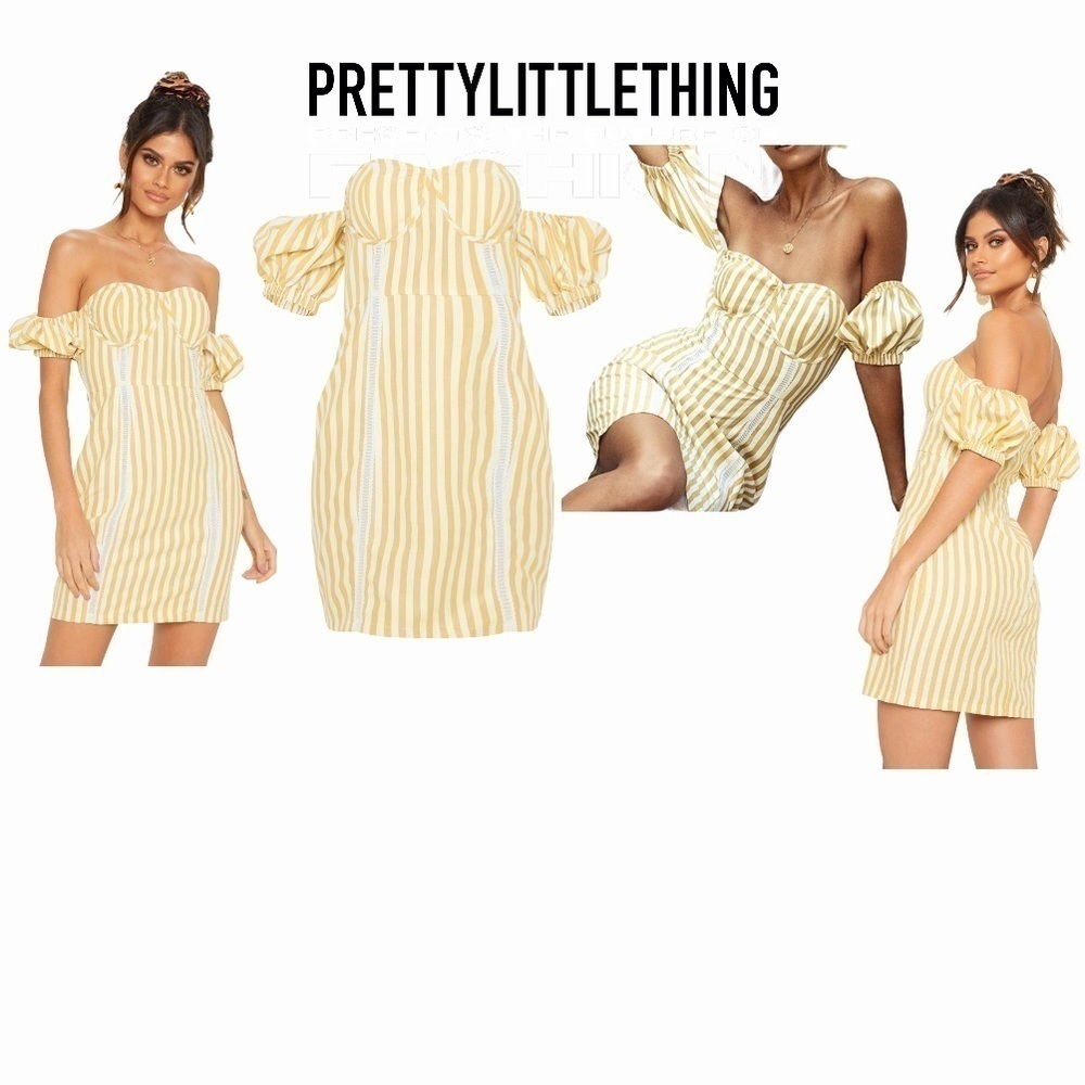 𝅺prettylittlething CAMEL STRIPE BARDOT PUFF SLEEVE DRESS Size 4